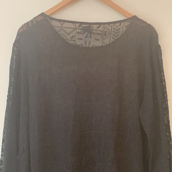 Chico’s | Black Silk Beaded Sheer Bell Sleeve Textured Embroidered Tunic Top 2 M - Picture 15 of 17
